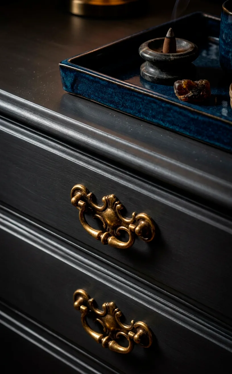 Close-up of gold hardware on a dark charcoal dresser with navy blue decor accessories.