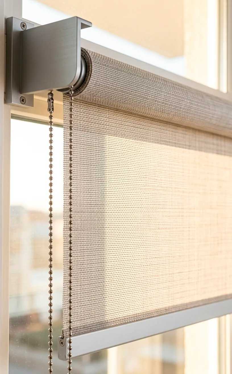 Detailed view of solar shade fabric and sleek mounting hardware in a bright room.