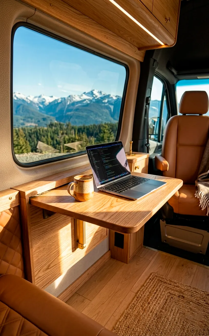 High-end camper van interior featuring a folded-out wooden wall table and mountain views.