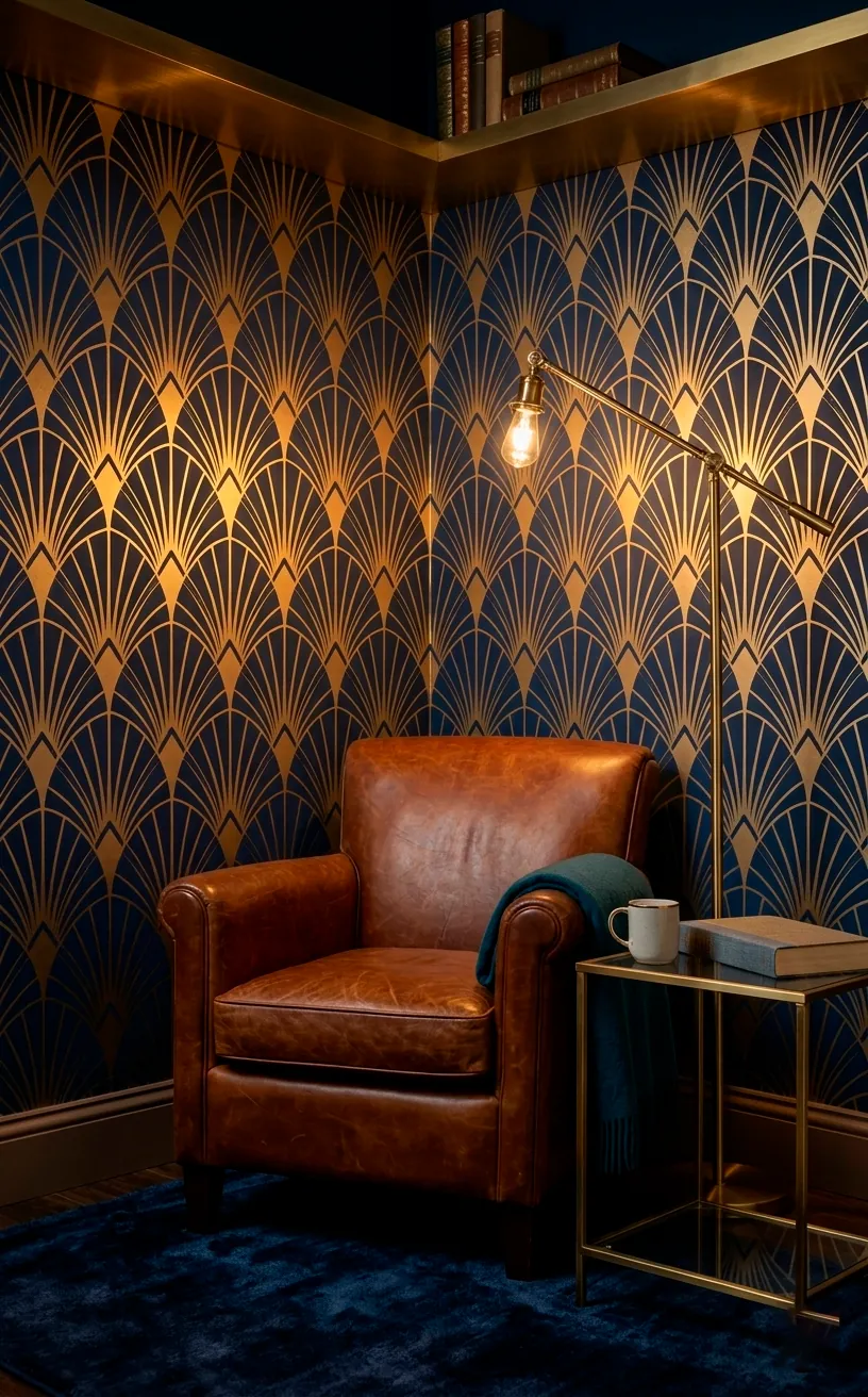 Luxury reading nook with navy and gold Art Deco geometric wallpaper and a cognac leather chair.
