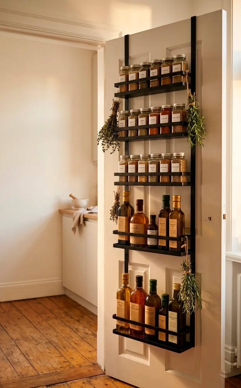 Hero shot of an over-the-door pantry organizer filled with spice jars in a small kitchen.