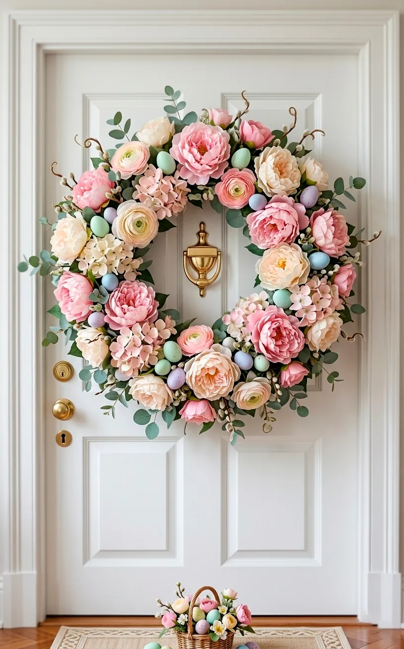High-end pastel pink floral Easter wreath featuring silk peonies and hydrangeas on a white front door.