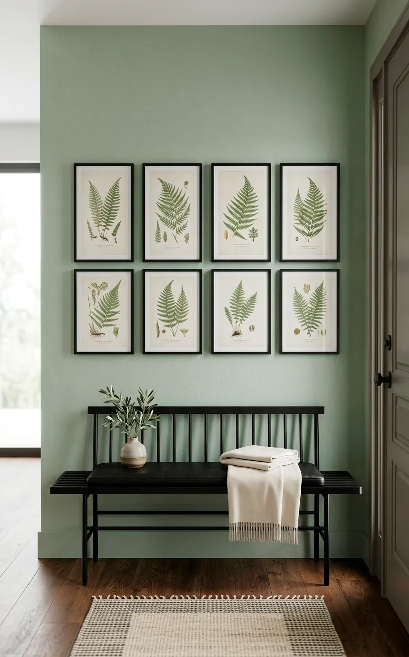 Modern foyer with a grid of eight botanical fern prints on a sage green wall.