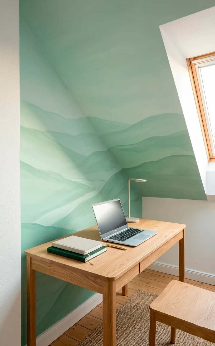 Attic office with a soft mint monochromatic mural on a slanted wall and a minimalist oak desk.