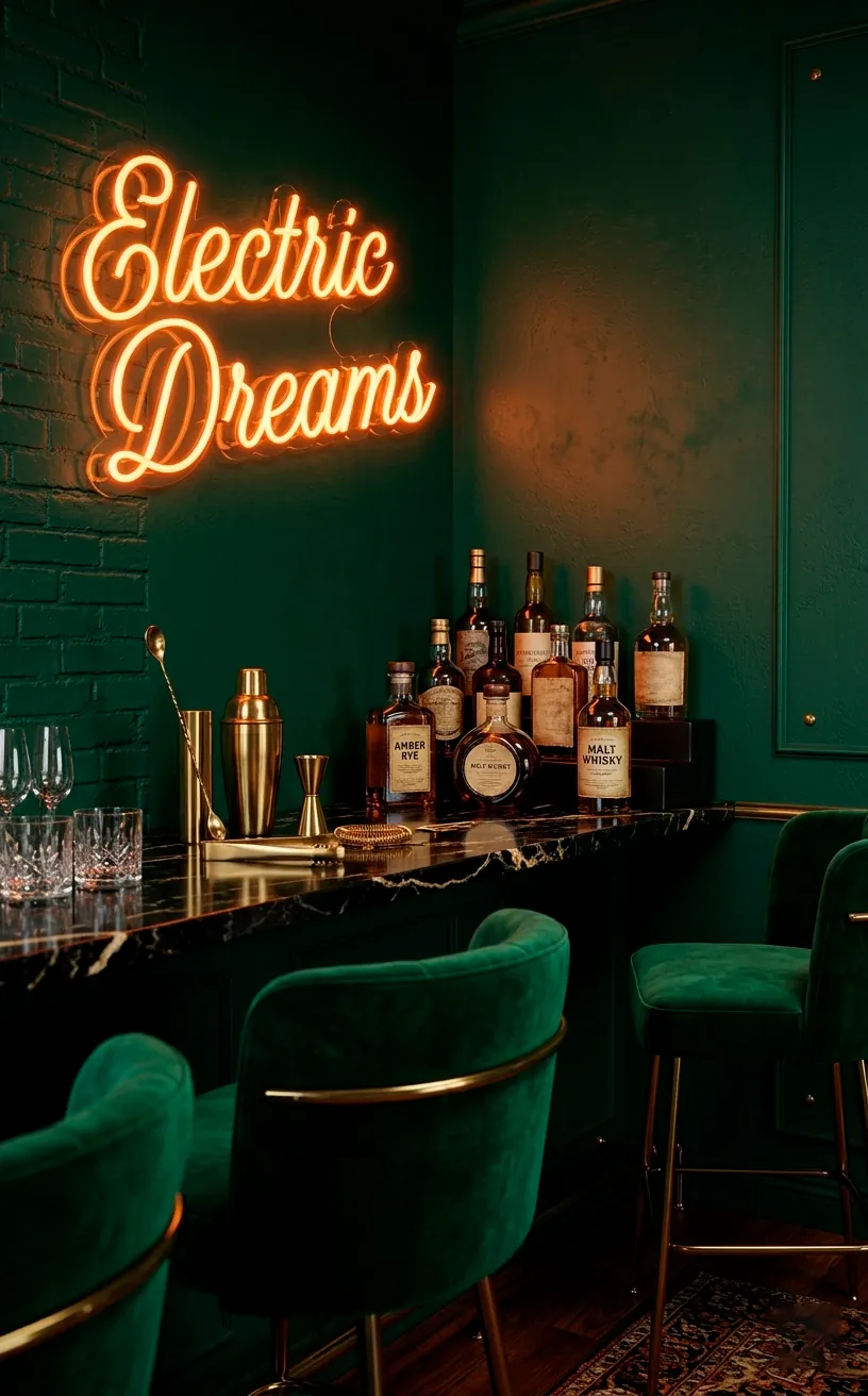 Moody home bar with a warm orange neon sign reflecting on a black marble countertop.