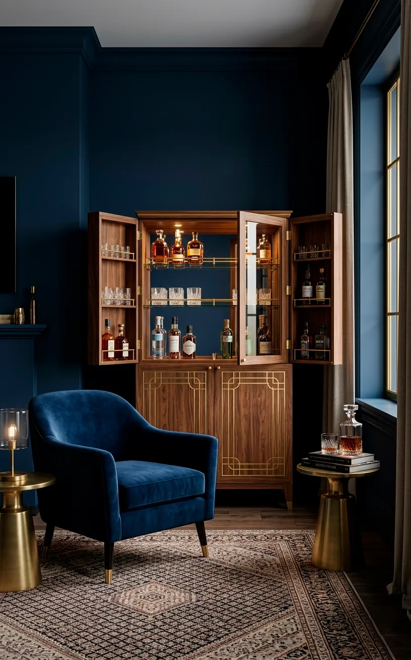 Sophisticated walnut bar cabinet with brass inlay against a navy blue wall in a modern living room.