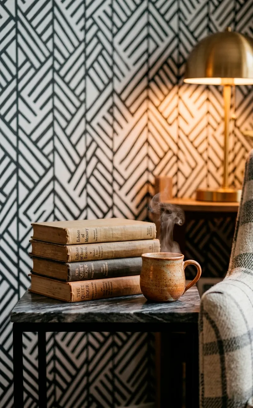 Close-up of a marble side table with books against a blurred geometric wallpaper background.