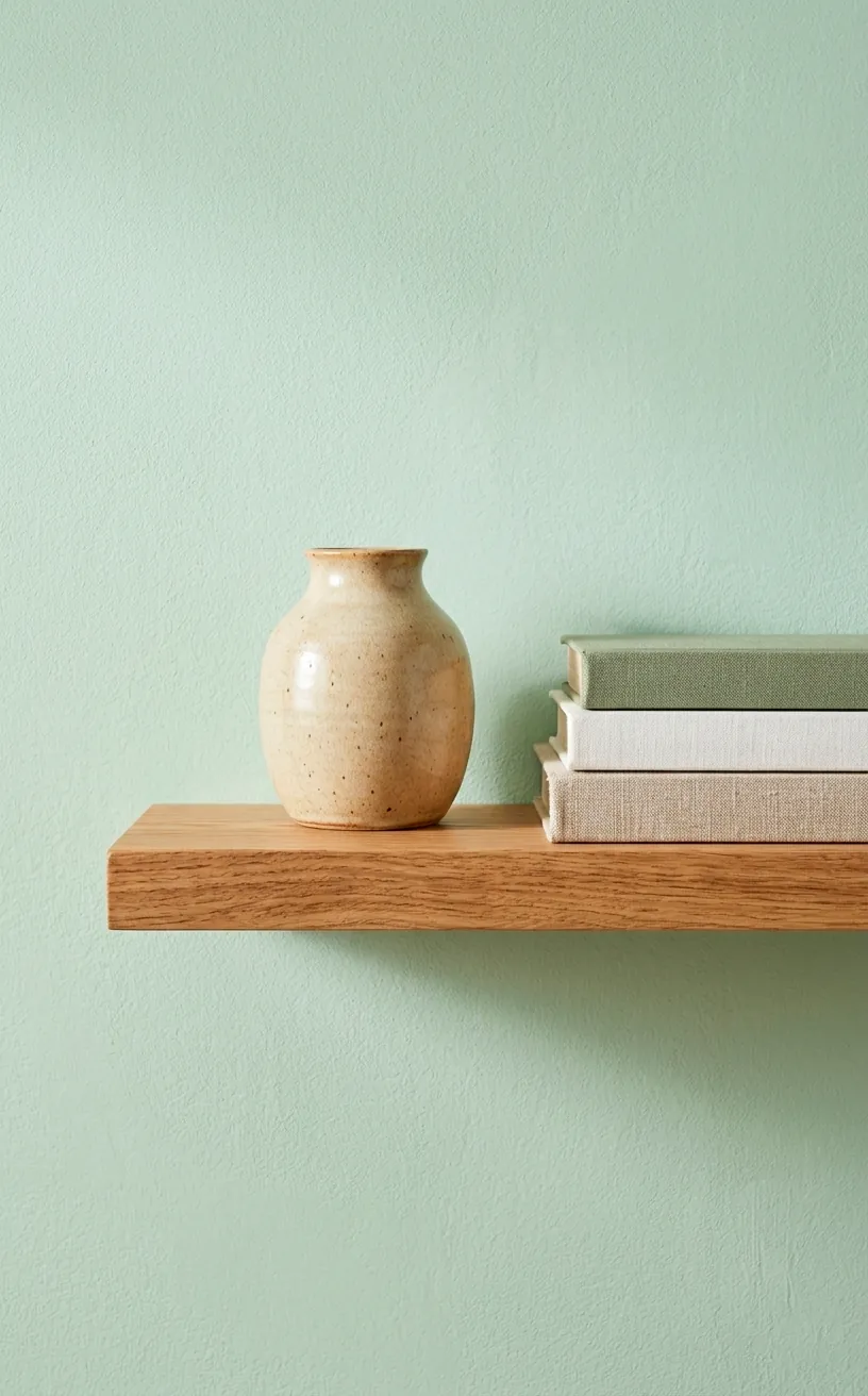Close-up of a textured soft mint wall next to an oak shelf with decorative ceramic items.