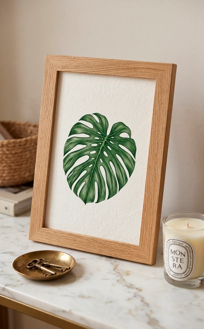 Close-up of a Monstera botanical print in an oak frame on a marble table.