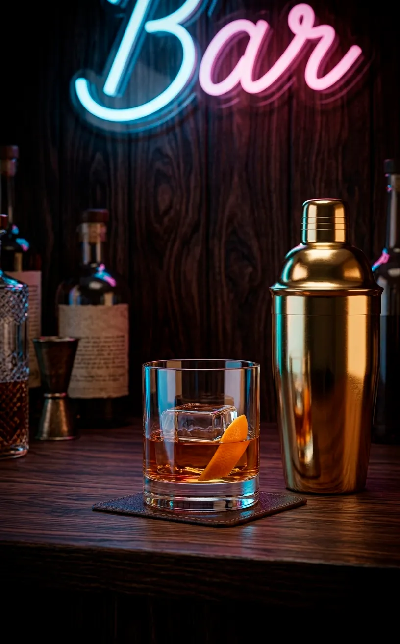 Close-up of a gold cocktail shaker and drink under the glow of neon bar lighting.