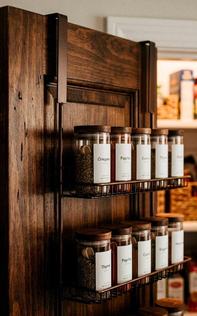 Detail shot of glass spice jars with white labels on a black metal pantry door rack.