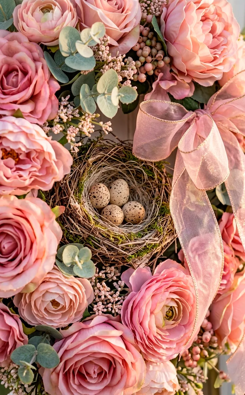 Close-up of a pink floral wreath detail with a sheer ribbon and a tiny decorative bird's nest.