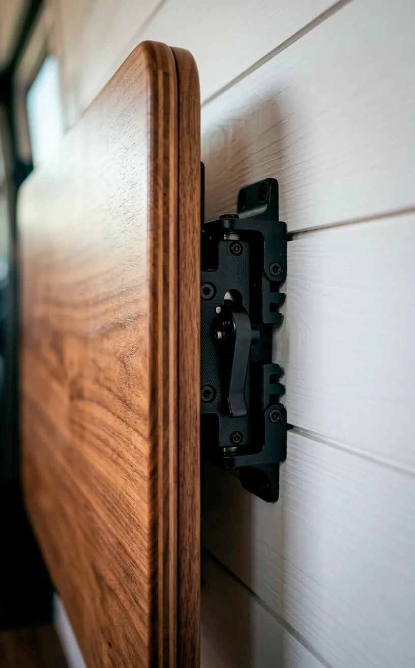 Detail shot of a slim folded wooden table and black metal brackets in a camper van.
