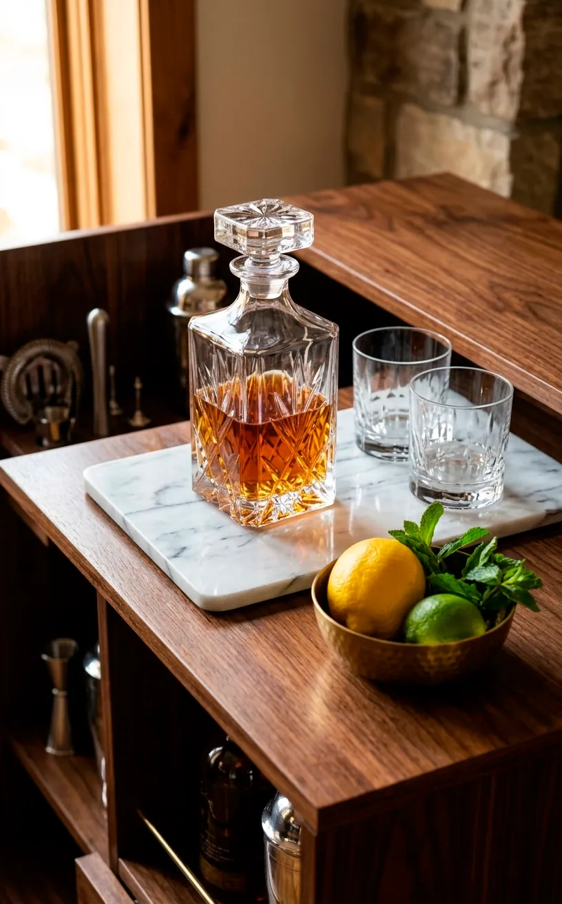 Close-up of a crystal decanter and whiskey glasses on a marble tray atop a wooden bar cabinet.