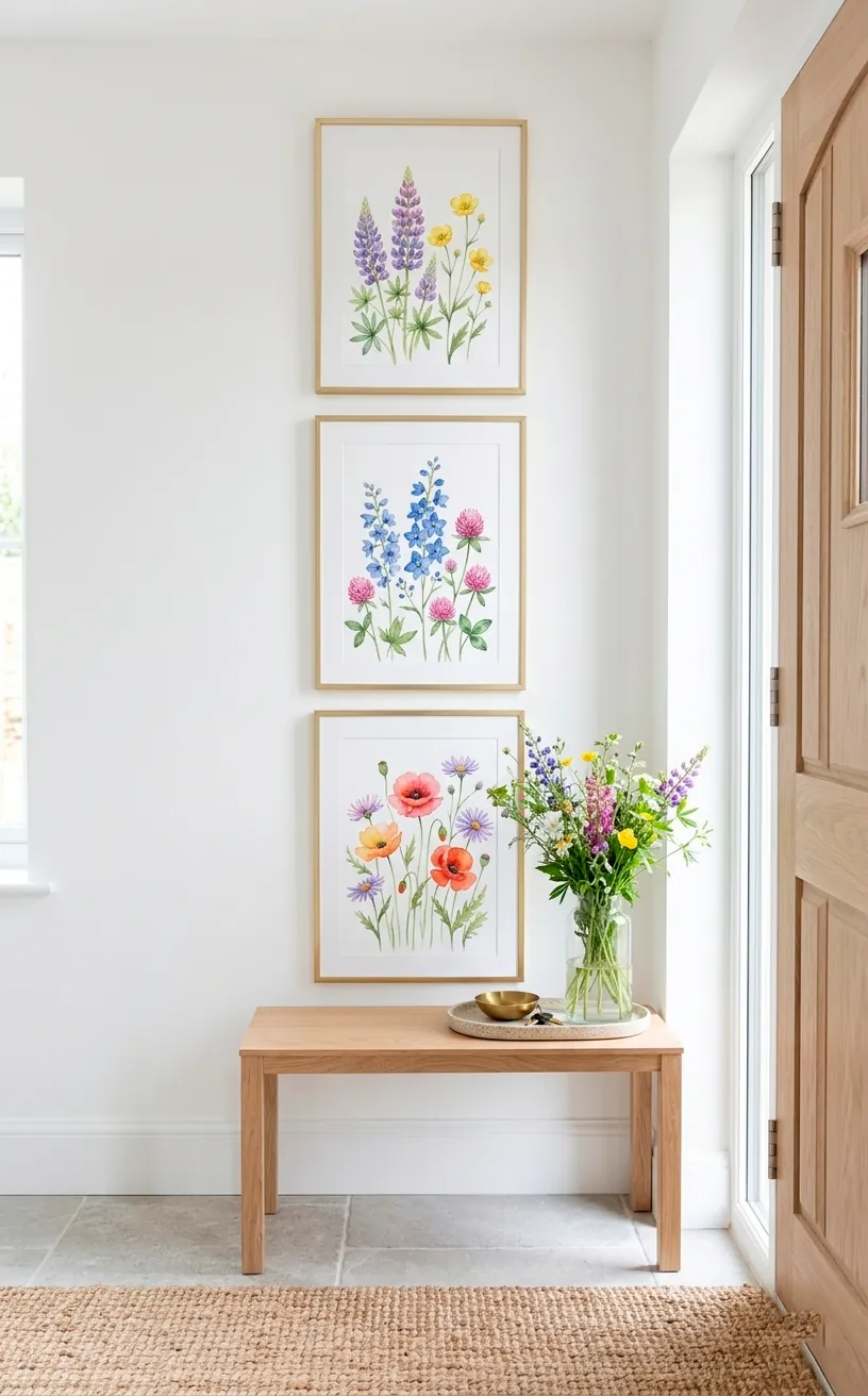 Three vertical watercolor wildflower prints in gold frames in a bright white foyer.