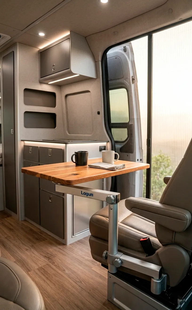 Lagun swivel table system with a wooden top installed next to a van passenger seat.