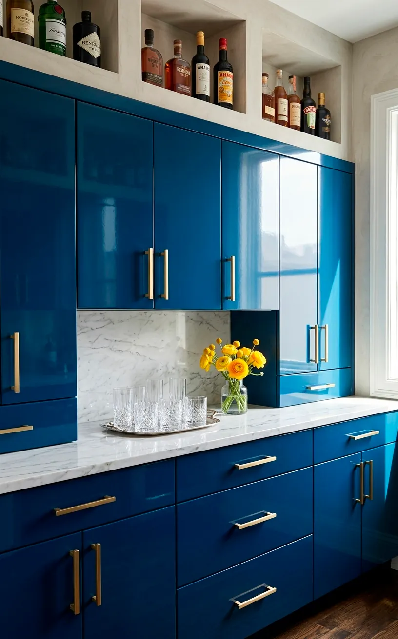 High-gloss sapphire blue bar cabinets with elegant gold hardware and marble tops.