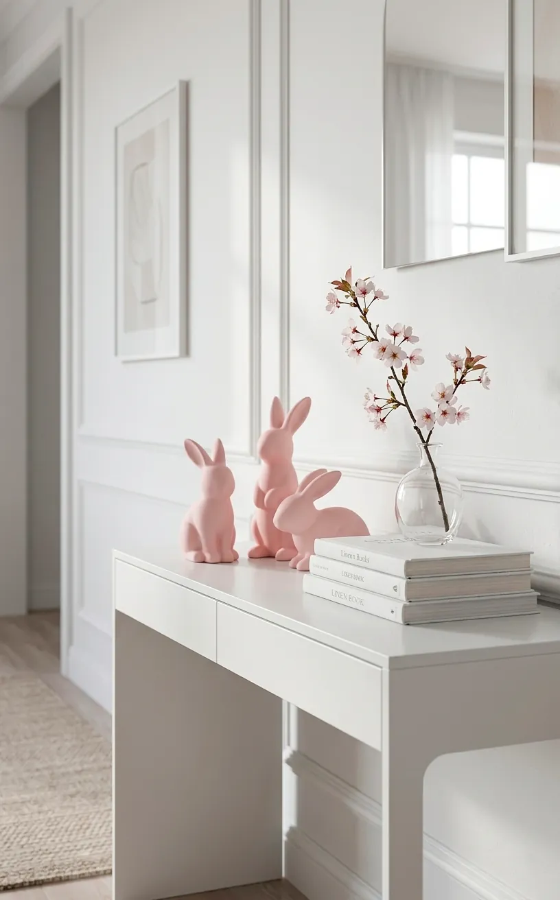 Matte blush ceramic bunny figurines styled on a white console table with spring accents.