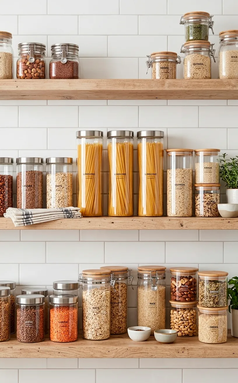 Symmetrical open shelves with glass canisters filled with pasta and grains.