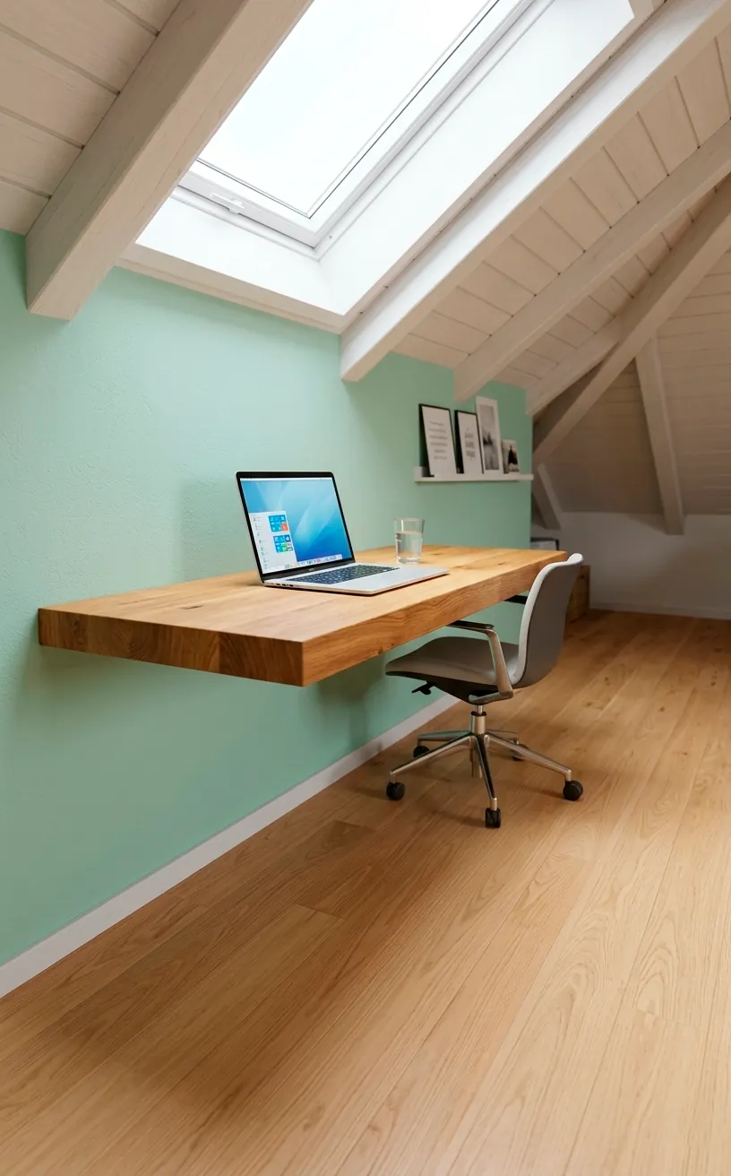 Solid oak floating desk in a mint green attic office under a bright skylight.