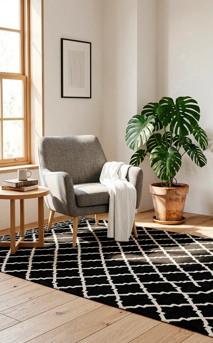 Scandinavian reading nook with a bold black and white trellis rug and a gray armchair.