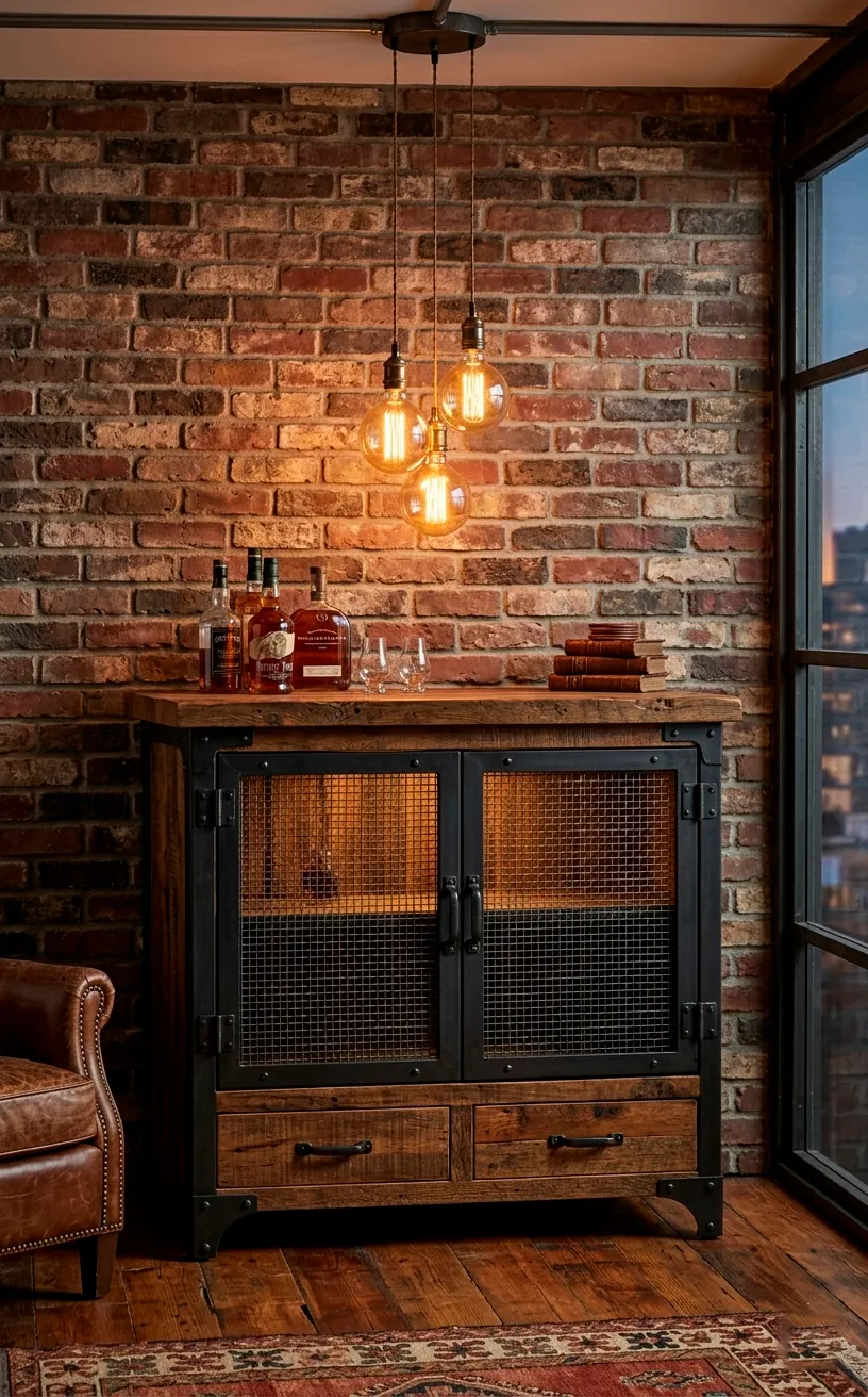 Industrial reclaimed wood and iron bar cabinet against a brick wall in a modern loft.
