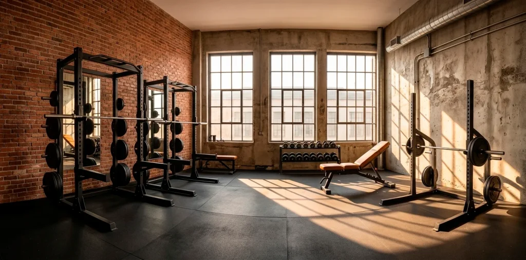 Wide panoramic view of a rugged industrial home gym with brick walls and black iron equipment.