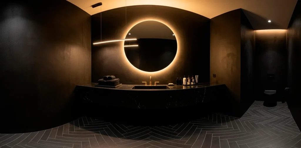 Wide shot of a dramatic black powder room with marble vanity and glowing mirror.