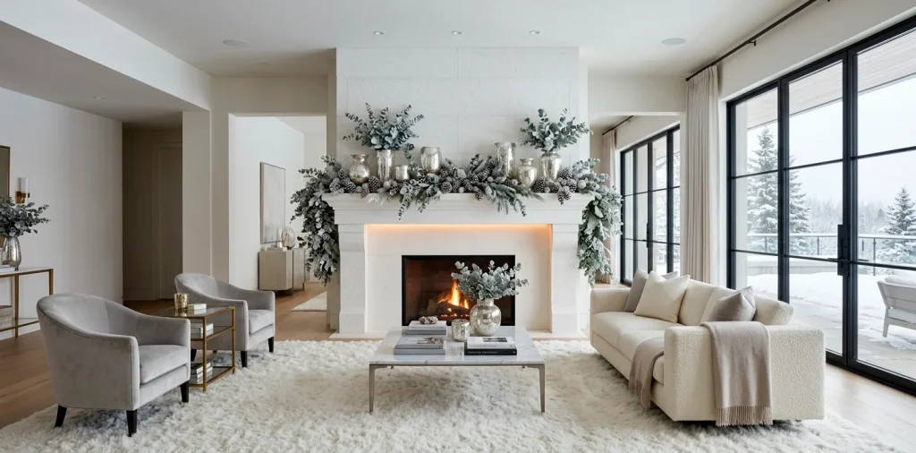 Wide landscape of a modern fireplace decorated with frosted silver garlands and mercury glass for winter.