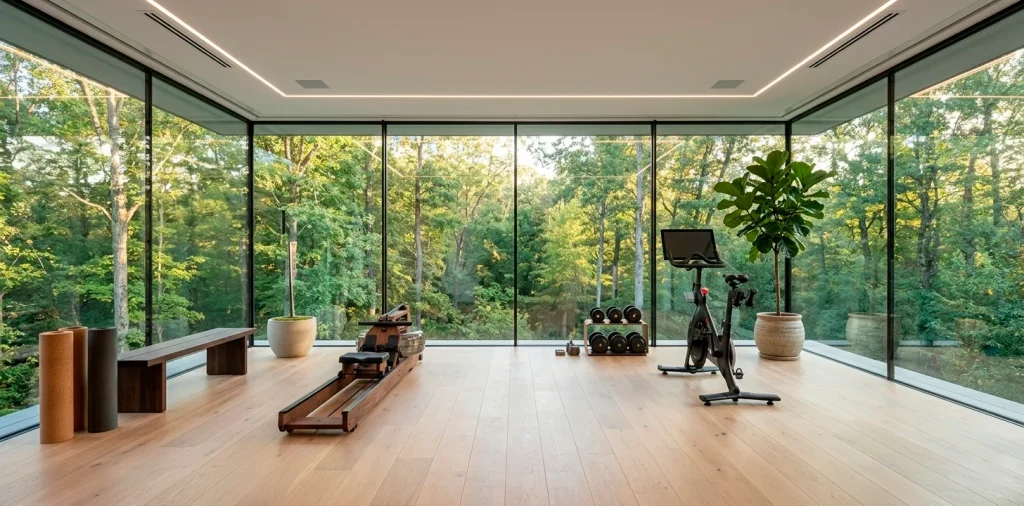 Wide landscape of a bright modern home gym with floor-to-ceiling windows and minimal wooden fitness equipment.