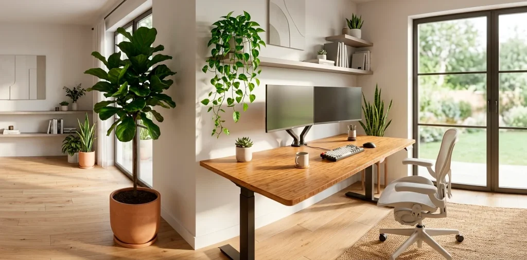 Wide view of a bamboo standing desk in a bright home office filled with lush green indoor plants.