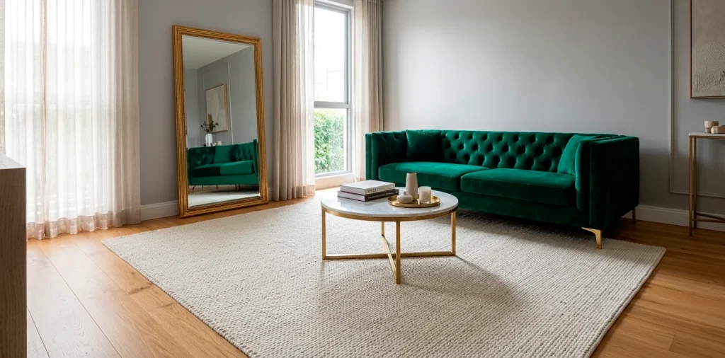 Luxurious small living room with emerald velvet sofa, gold mirror, and large wool rug in a 2:1 banner.