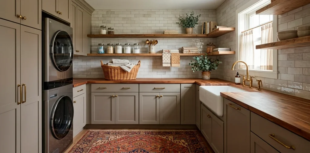 Modern laundry room featuring antique farmhouse sink and vintage rug for a blended interior design aesthetic.
