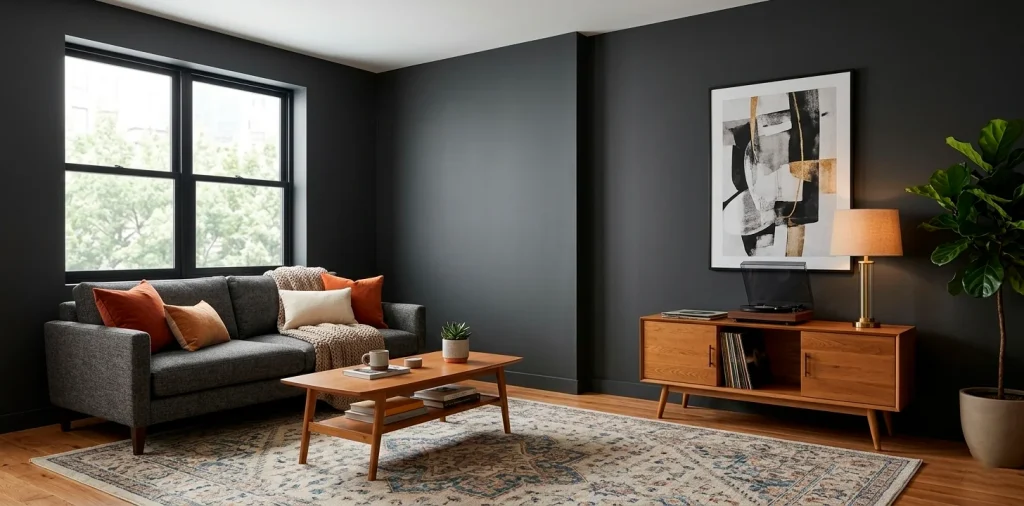 Small living room with charcoal walls and warm wood furniture showing dark color design.