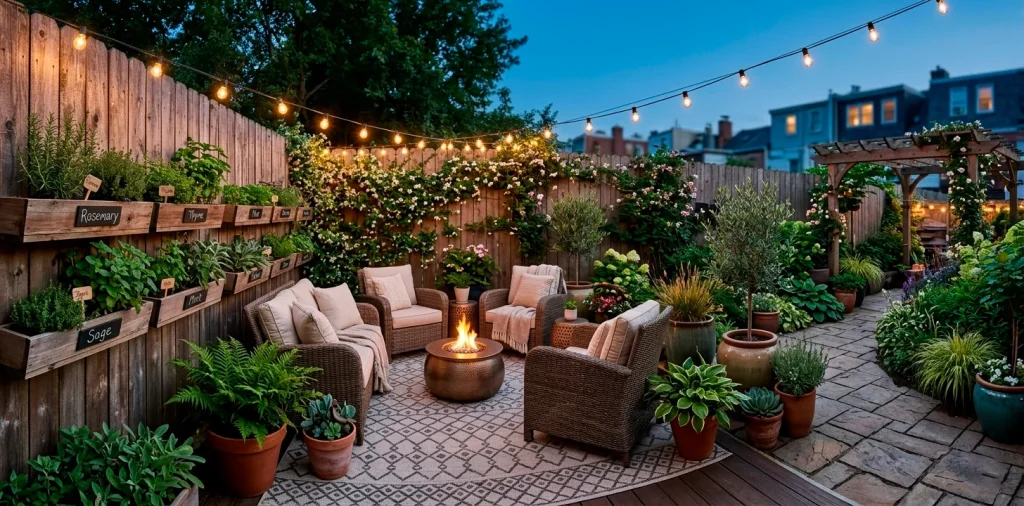 A wide, seamless urban backyard layout featuring a fire pit, vertical garden, and cozy seating area.