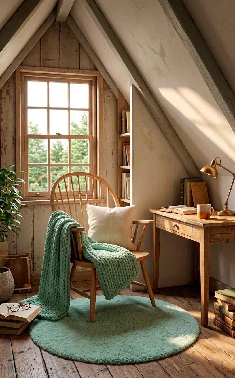 Cozy attic office nook with a mint green knit throw and a plush rug on oak floors.