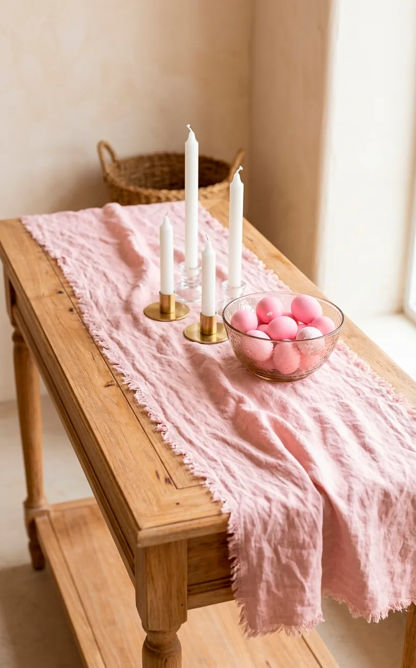 Pastel pink linen table runner with frayed edges on a light wood console table.