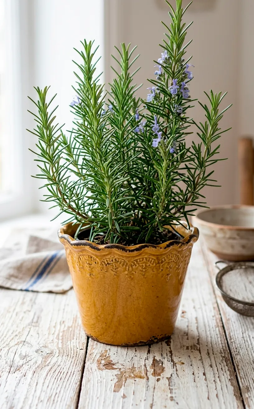 Scalloped edge mustard yellow herb pot with rosemary on a rustic table.