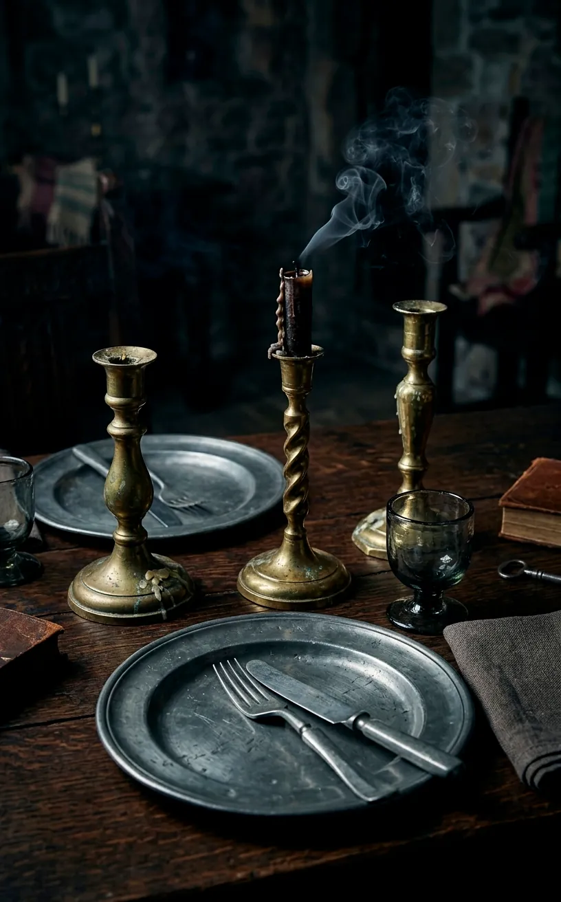 Antique brass candlesticks and pewter tableware on a dark rustic Thanksgiving table.