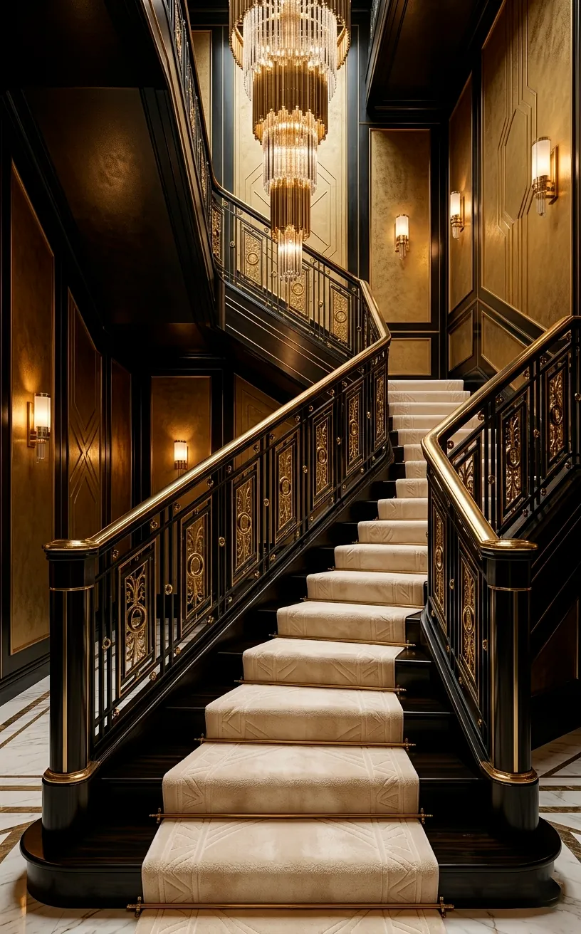 Art Deco staircase with geometric black and brass railing and ebony wood steps.