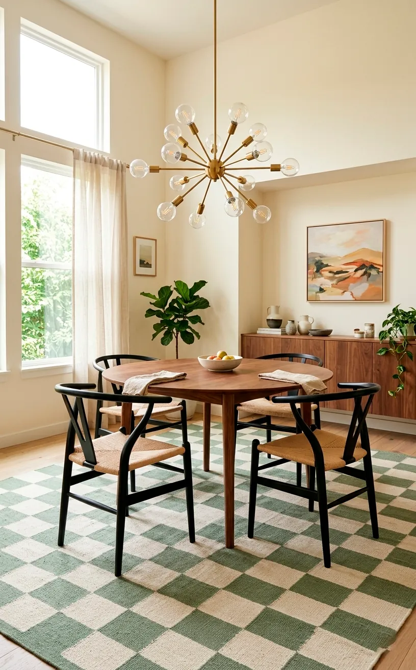 Large sage green checkered rug in a modern dining room with a brass chandelier.