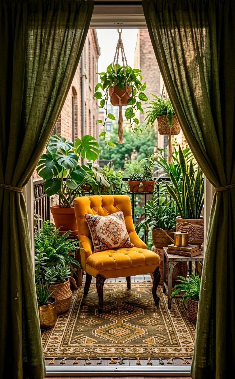 Boho balcony with olive green curtains and a bright ochre velvet chair.
