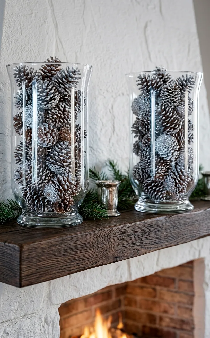 Large glass hurricanes filled with silver-dusted pinecones on a fireplace mantel.