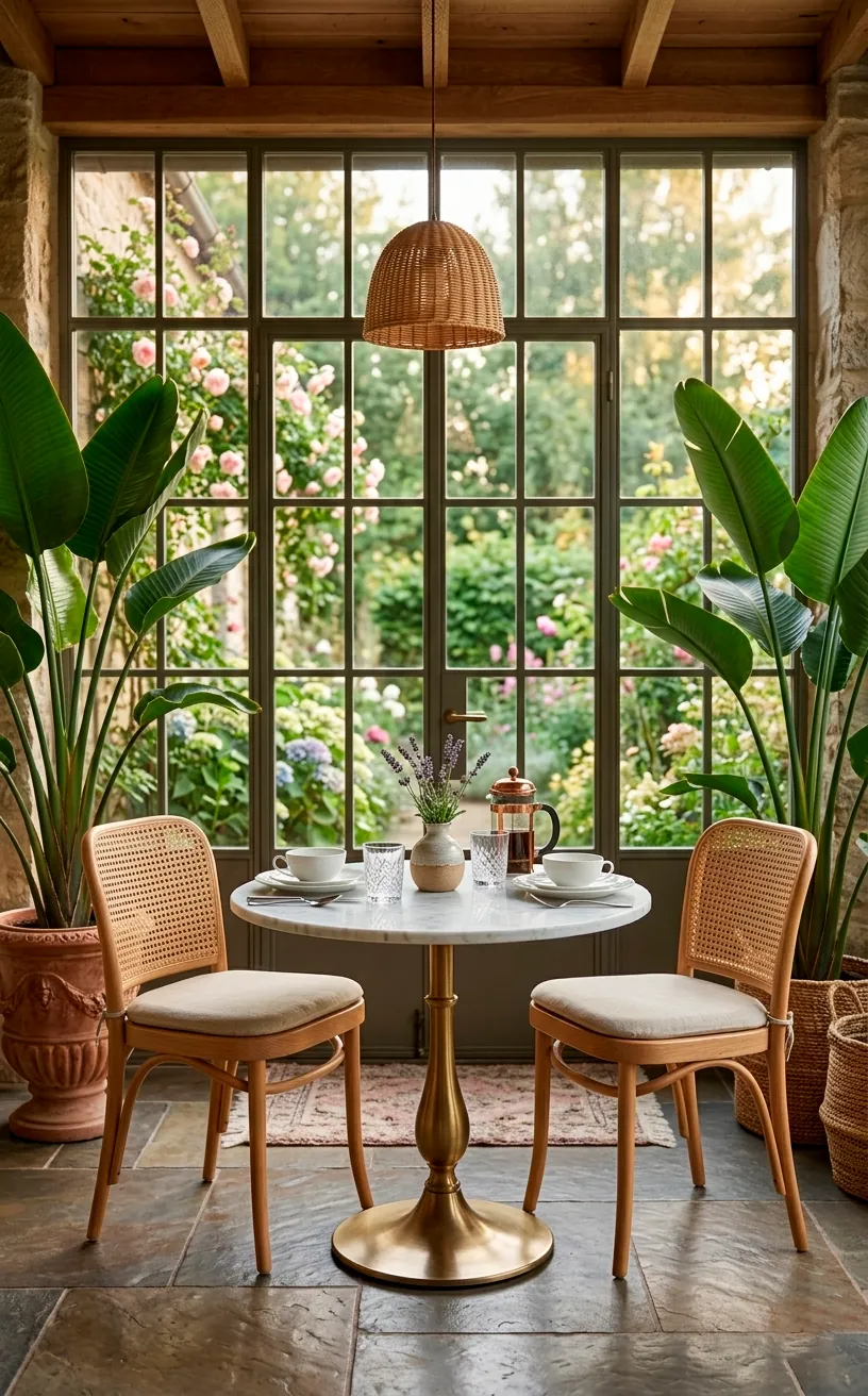 Cozy breakfast nook in an enclosed porch surrounded by tall tropical plants.