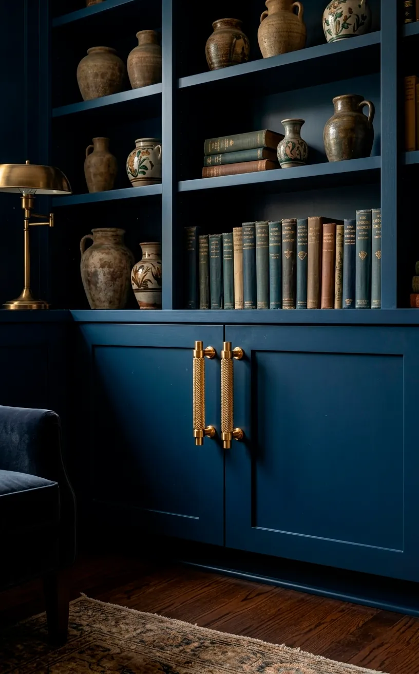 Navy blue cabinets with expensive-looking gold knurled handles and styled shelves.