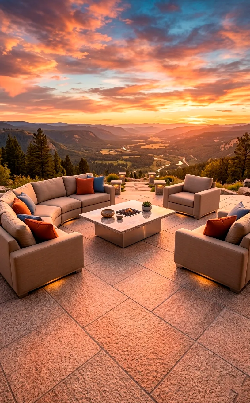 Luxury granite slab patio overlooking a scenic valley at sunset with modern furniture.
