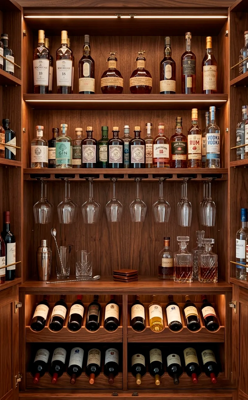 Organized interior of a bar cabinet with wine racks, stemware storage, and liquor bottles.