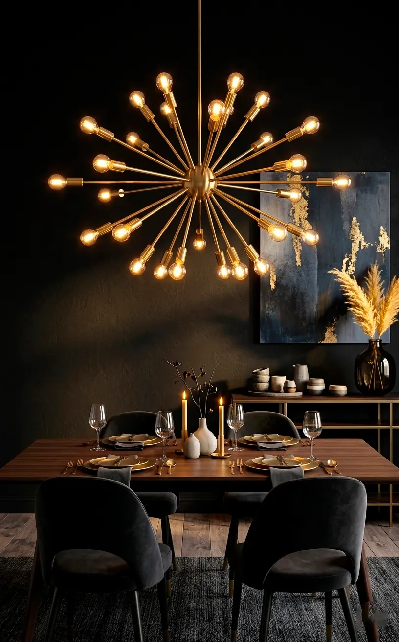 Gold Sputnik chandelier in a dining room with dark walls and warm lighting.