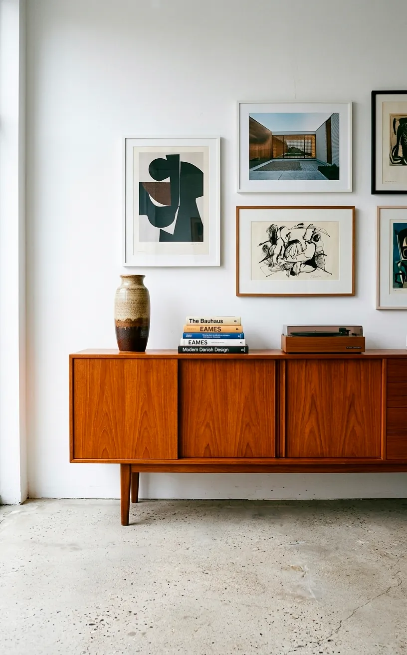 Long vintage teak sideboard used as a media console in a bright mid century modern living room.