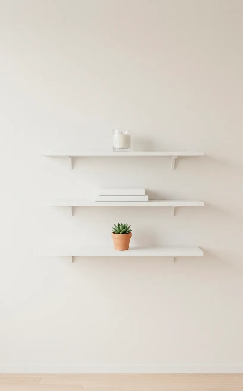 Three white floating shelves with minimal decor on an off-white wall in a modern living room.